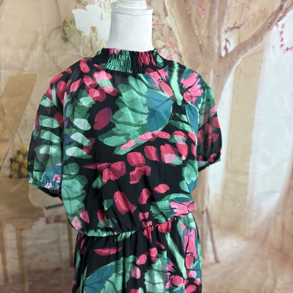 NEW Torrid Chiffon Green and Pink Ruched Midi Dress Fit and Flare - Picture 9 of 13